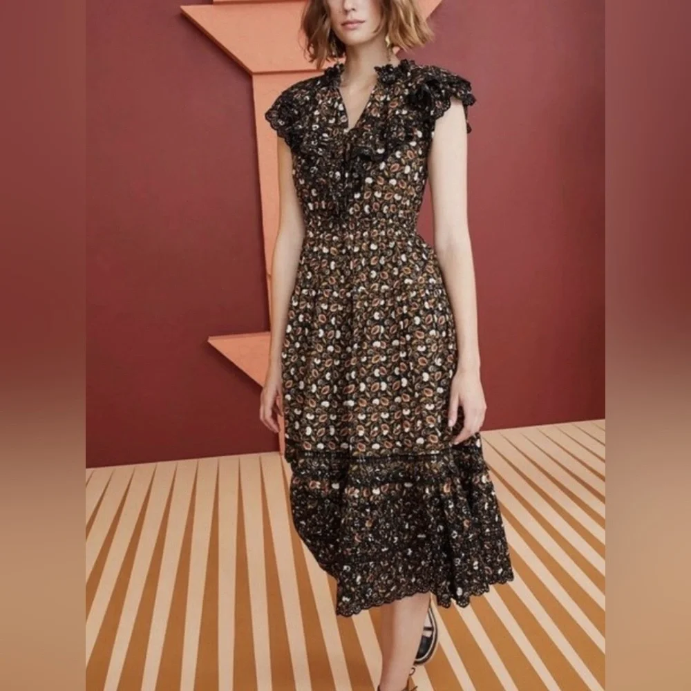 ULLA JOHNSON Yvette Floral Cotton Midi Dress Size 4 - Picture 5 of 17